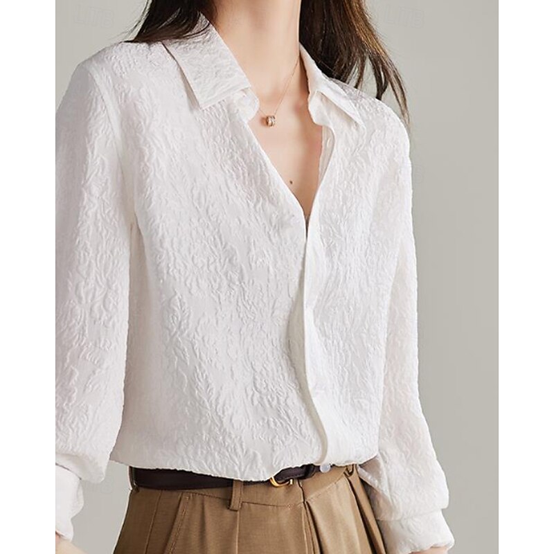 Women's Shirt Texture Blouse Blouse Plain Modern Casual Long Sleeve Shirt Collar Regular Tops Daily Holiday Buttons White Fall3