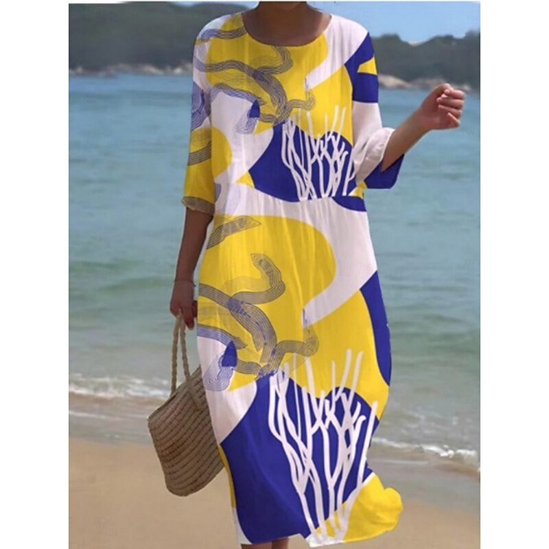 Women's Midi Dress Casual Dress Print Dress Fashion Modern Daily Beach Weekend Regular Fit Floral 3/4 Length Sleeve Crew Neck Yellow Green Spring Fall Autumn