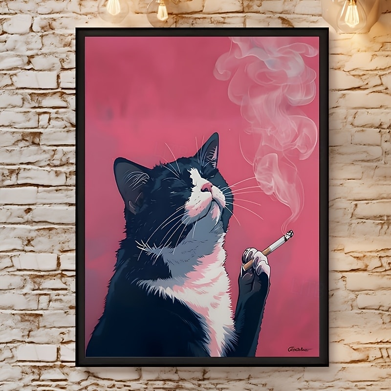 Room Decor 1pc Smoking Cat Canvas Print Poster Black Cat Theme Wall Art Decor Unique Creative Wall Art for Living Room Bedroom Office Restaurant Waterproof Frameless