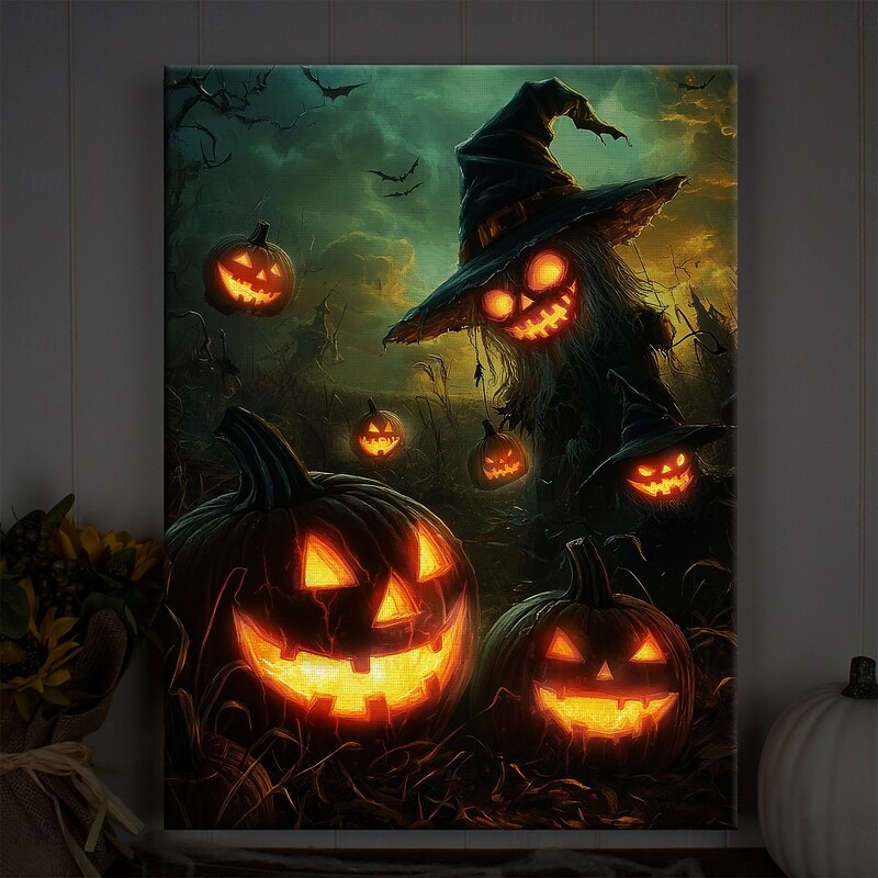 Halloween Flying Witch and Pumpkins LED Canvas Wall Art - Battery Operated Lighted Wall Decor for 2025 Halloween home decoration light livingroom and bedroom
