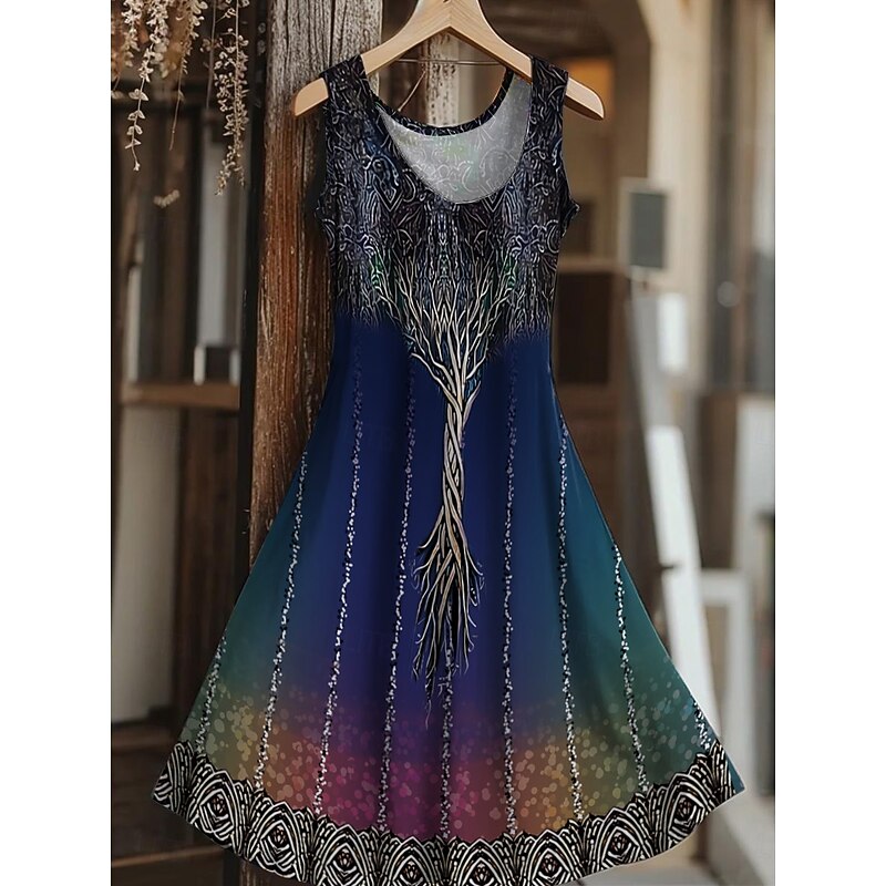 Women's Tree of Life Merkabah Mini Dress Sundress A Line Dress Vacation Casual Boho Wedding Party Going out Regular Fit Floral Graphic Leaf Sleeveless U Neck Yellow Red Blue Summer Spring