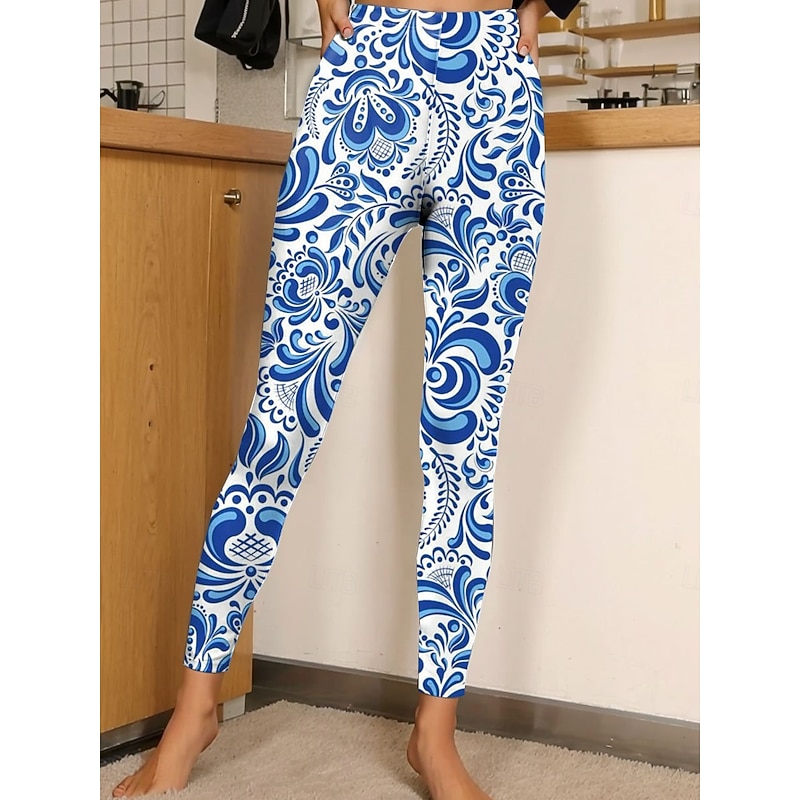 Women's Leggings Vacation Vintage Fashion Ankle-Length High Waist Floral Graphic Printing Soft Breathable Stretchy Formal Vacation Street White Blue Green Spring Fall Slim Fit