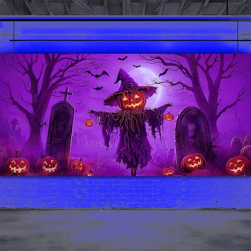 Halloween Garage Door Cover Neon Scarecrow in Haunted Graveyard Banner, Glowing Blacklight Backdrop Decoration for Holiday Outdoor Garage Door and Home Wall, 2025 Halloween Decorations - Main Image