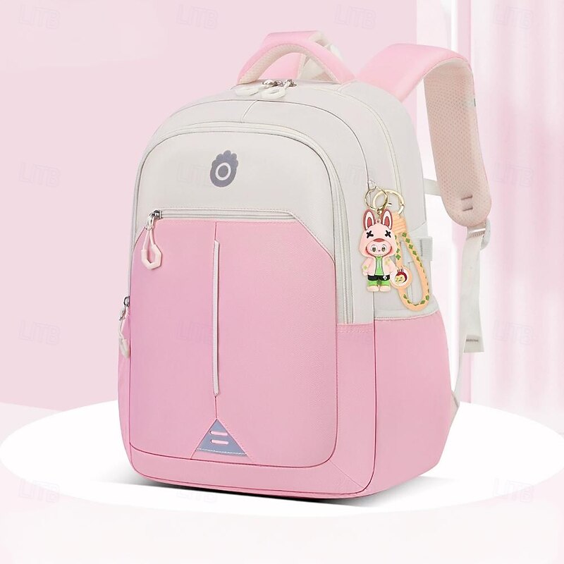 Girls' Pink and White School Backpack with Cute Cartoon Keychain, Lightweight Waterproof Bookbag with Large Capacity for Elementary and Middle School Students2
