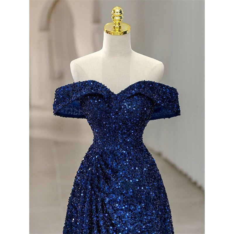 Sequin Mermaid / Trumpet Evening Gown Elegant Dress Formal Wedding Floor Length Sleeveless Off Shoulder Lace Up with Pleats4