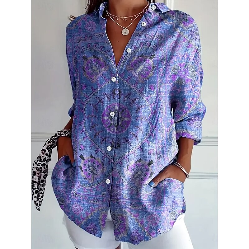 Women's Shirt Button Down Tunic Shirt Collar Long Sleeve Floral Graphic Elegant Vintage Tropical Regular Tops Daily Holiday Beach Wear s Print Light Purple Spring Fall