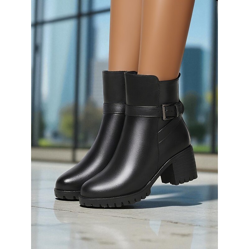 Women's Black Leather Ankle Boots - Warm Fur Lined Mid Heel Winter Booties with Side Zipper and Buckle for Cold Weather, Work & Outdoor Wear3