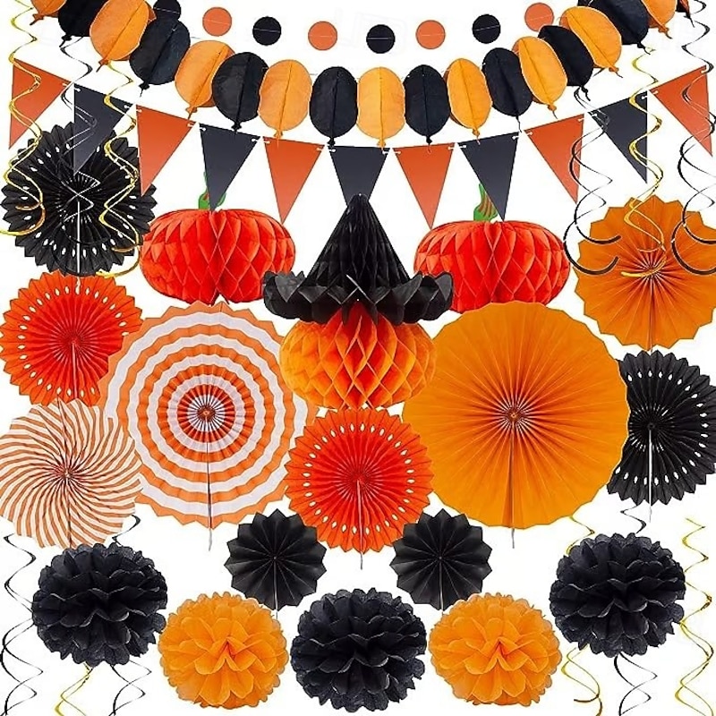 Halloween Party Decoration Holiday Set – Colorful Paper Fans and Tissue Flower Balls Kit, Window Display Hanging Decorations for Halloween, Wedding, Birthday, Festival Banners and Party Backdrops