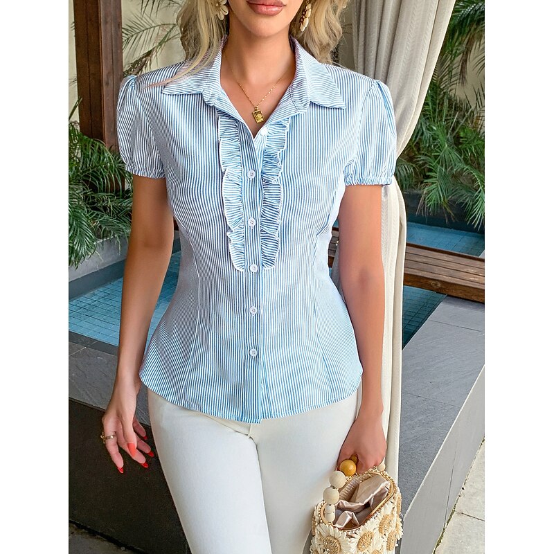 Retro Vintage 1950s Rockabilly Blouse / Shirt Ruffle Striped Fancy Dress Women's Vacation Casual Daily Retro Theme Party Adults Shirt Spring & Summer2