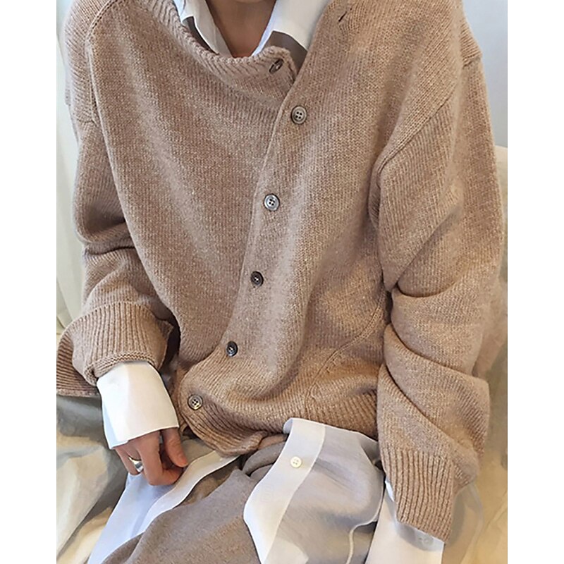 Women's Sweater Cardigan Fashion Streetwear Daily Solid Color Ribbed Open Front Knitted Asymmetric Hem Long Sleeve Regular Tops Knit Holiday Going out Weekend Black White Fall Winter3