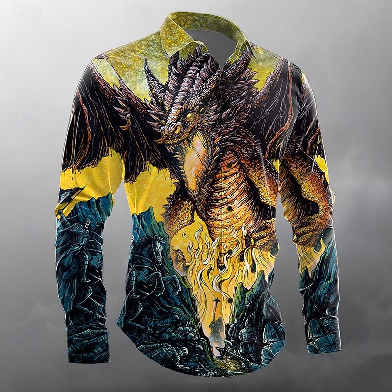 Into The Fire by David Lozeau Men's Animal Dragon Button Up Shirt Long Sleeve Designer Shirt Limited Artist Edition