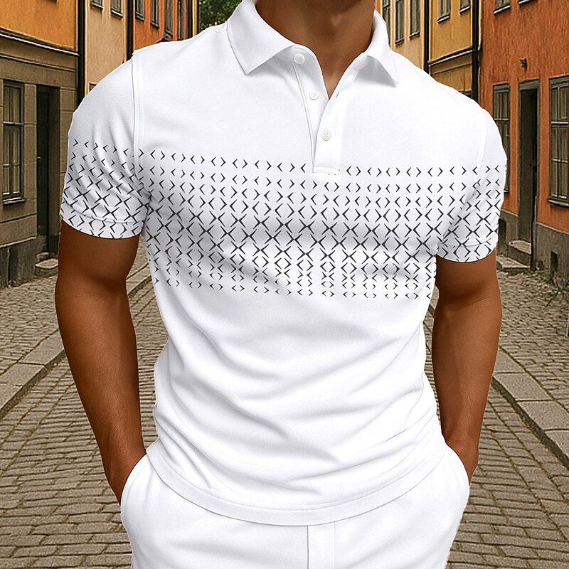Men's Polo Business Casual Turndown Short Sleeve Geometric Buttons Summer Black White Blue Light Grey Polo
