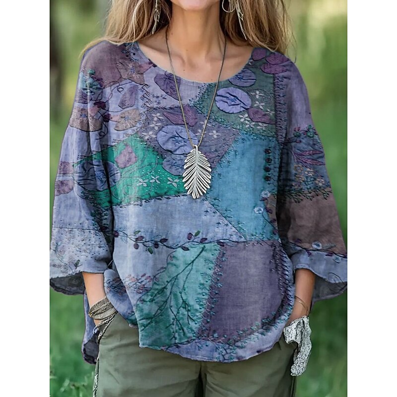 Women's Blouse Floral Retro Vintage Ethnic 3/4 Length Sleeve Crew Neck Regular Tops Daily Holiday Print Blue Purple Brown Summer Spring Fall2