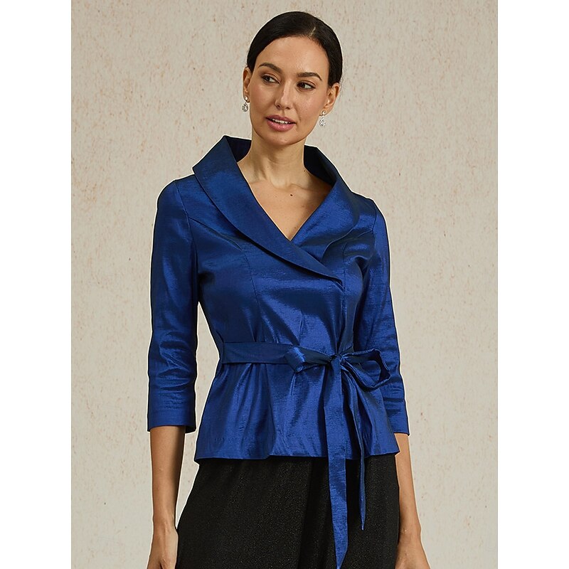 Women's Blouse Evening Tops Elegant Metallic Stylish 3/4 Length Sleeve V Neck Regular Tops Wedding Guest Evening Party Semi Formal Tie Front Royal Blue Spring, Fall, Winter, Summer
