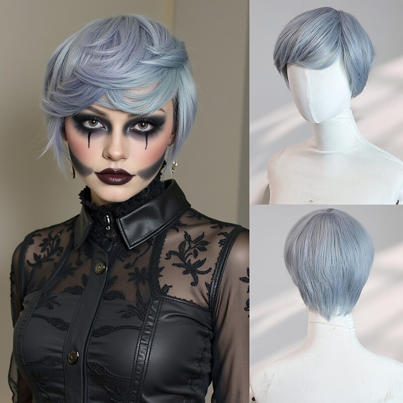 Blue 6-Inch Straight Wig for Women – Short Hair with Full Bangs, Perfect for Halloween, Cosplay, and Fashionable Party Looks