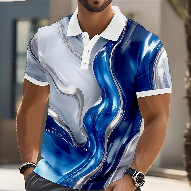 Men's Abstract Marble Polo Short Sleeve Polo Shirts Collared Shirts Casual Outdoor Athleisure Daily Wear 3D Print Buttons Summer White Blue Light Blue3