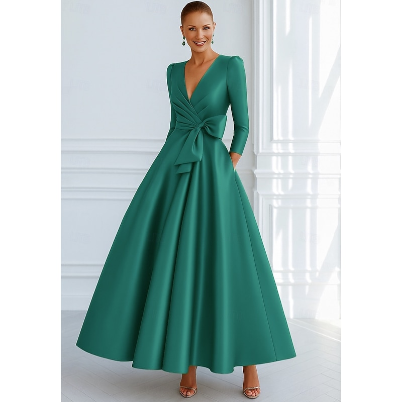 Tie A-Line Evening Gown Elegant Dress Formal Wedding Guest Floor Length 3/4 Length Sleeve V Neck Pocket Stretch Satin with Bow(s)4