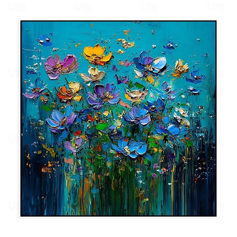 Handmade Oil Painting Wall Art Decoration Modern Abstract Blue Background Thick Oil Knife Flowers for Home Dining Room Decor Stretched Frame Hanging Painting/Rolled Canvas (No Frame)2