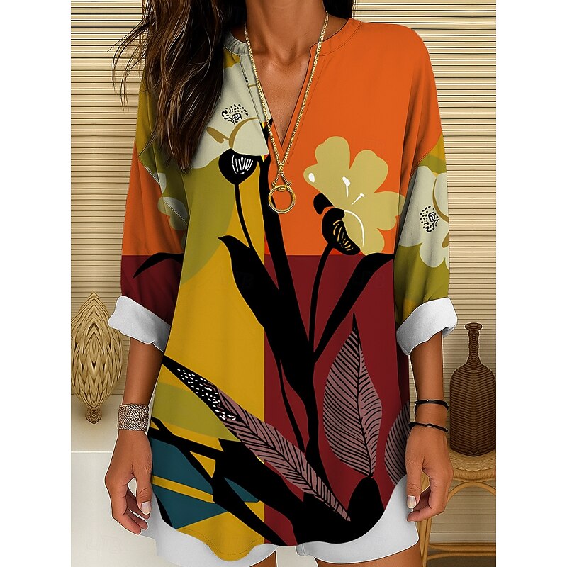 Women's Blouse Tunic V Neck Long Sleeve Boho Casual Tops Floral Graphic Geometric Vintage Daily Stylish Regular Tops Daily Print Yellow Red Blue Purple Orange Fall