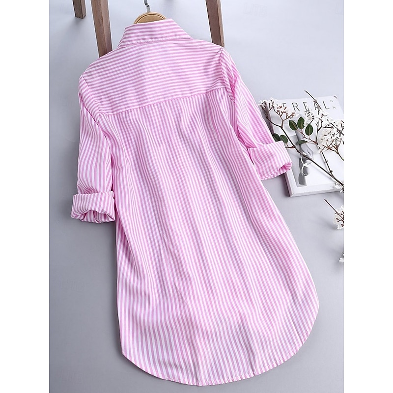 Women's Casual Jacket Shacket Comfortable Breathable Pocket Buttons Print Casual Stripe Vacation Street Daily Wear Going out Single Breasted Long Stand Collar Regular Fit Long Sleeve Outerwear Black3