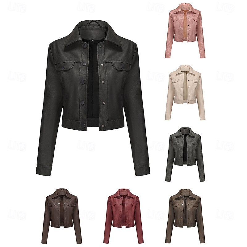 Women's Faux Leather Jacket Comfortable Buttons Fashion Street Style Plain Outdoor Casual Daily Short Turndown Regular Fit Long Sleeve Outerwear Black Pink Burgundy Spring Fall