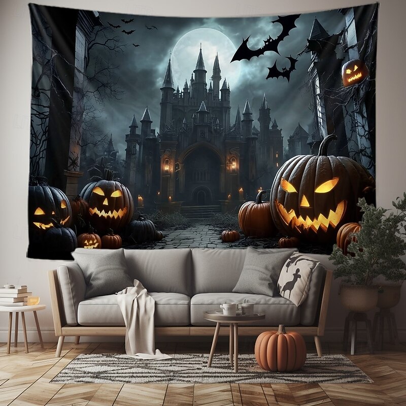 Halloween Gothic Castle Wall Tapestry – Spooky Night Scene with Pumpkins and Bats, Horror Haunted Castle Backdrop for 2025 HALLOWEEN Living Room, Bedroom, Party Decoration3