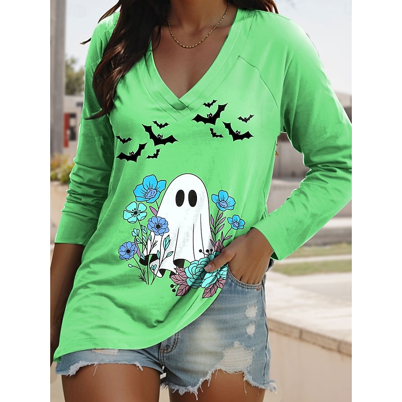 Halloween Women's T shirt Ghost V Neck Long Sleeve Graphic Casual Vintage Regular Tops Daily Print Pink Blue Orange Green Spring Fall4