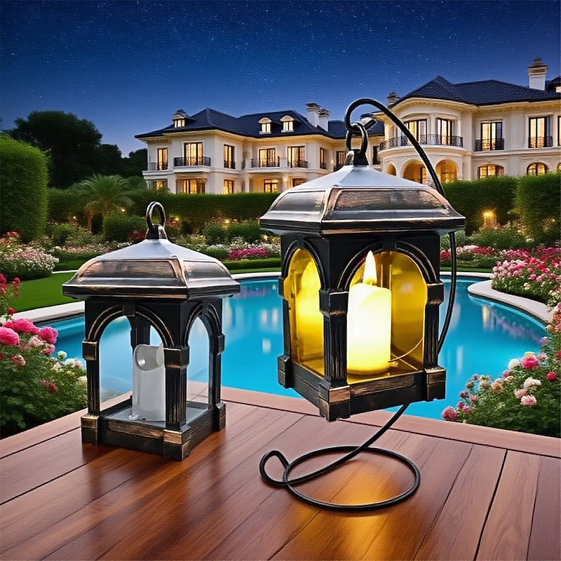 LED Solar Lantern Outdoor 1PC Hanging Solar Lights Waterproof Warm White Candle Light With Stand for Patio Courtyard Garden Decor