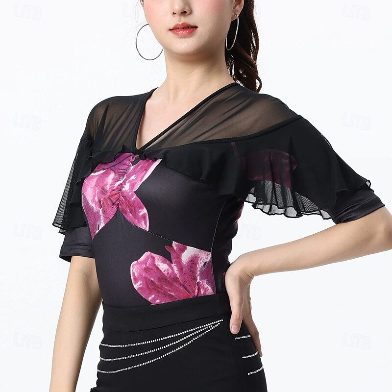 Latin Dance Top Printing Splicing Tulle Women's Performance Training Half Sleeve High Polyester3