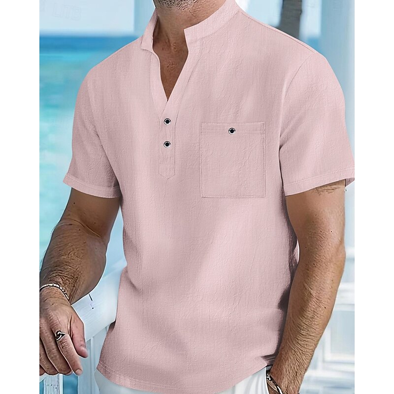 Men's Shirt Linen Shirt Popover Shirt Casual Shirt Cotton Shirt Plain Vacation Street White Yellow Pink Apricot Short Sleeve Band Collar Summer Clothing Apparel Pocket4