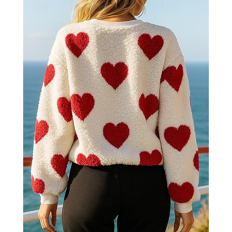 Women's Fleece Sweatshirt Pullover Sweatshirt Long Sleeve Top Athleisure Fall Heart Fashion Warm Outdoor Jogging Running Sportswear Activewear Black Red Coffee2