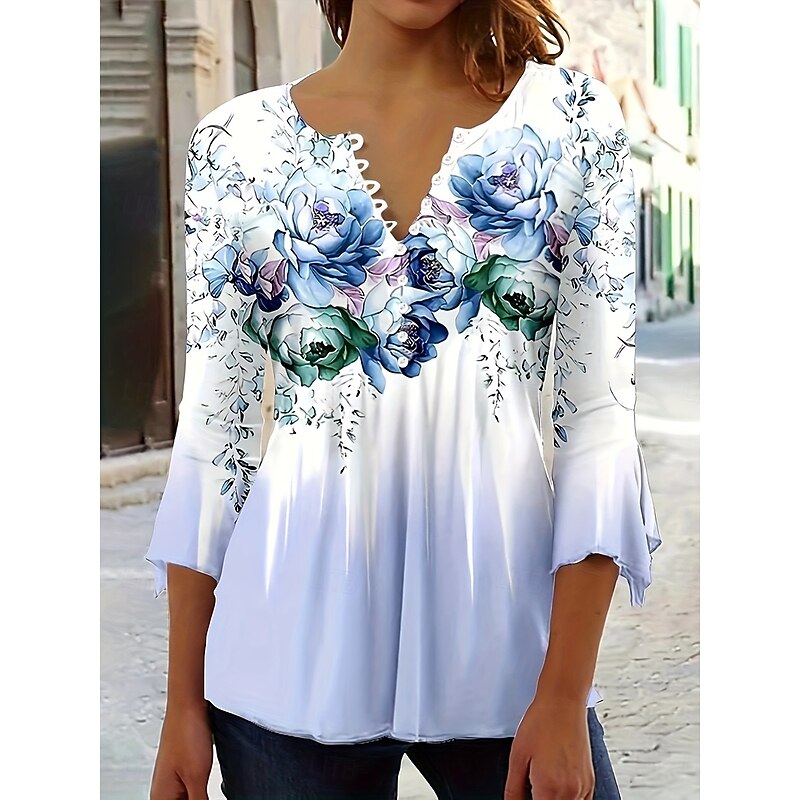 Women's Blouse V Neck Ombre Floral Graphic Elegant Stylish Casual 3/4 Length Sleeve Regular Tops Daily Going out Buttons Pink Blue Purple Summer Spring Fall3
