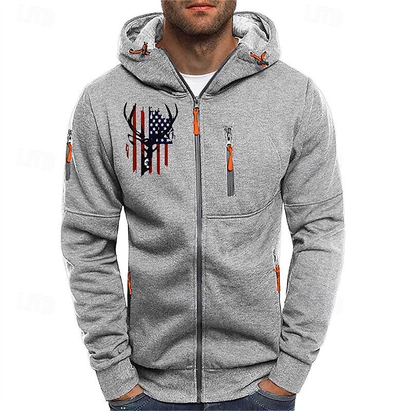 Men's Hoodie Full Zip Hoodie Black White Navy Blue Light Grey Dark Gray Hooded Elk National Flag Pocket Print Sports & Outdoor Daily Holiday Polyester Streetwear Basic Casual Spring Fall Clothing