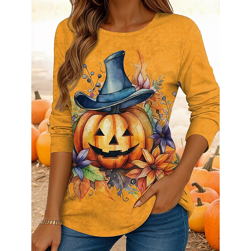 Halloween Women's T shirt Ghost Long Sleeve Crew Neck Long Sleeve Tunic Graphic Vintage Casual Regular Tops Daily Print Yellow Pink Orange Spring Fall Prefall4