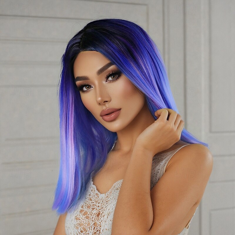 Medium Length Blue Straight Wig for Women – No Bangs, Middle Part, Natural Look, Full Head Cap, Perfect for Halloween, Cosplay, and Everyday Wear4