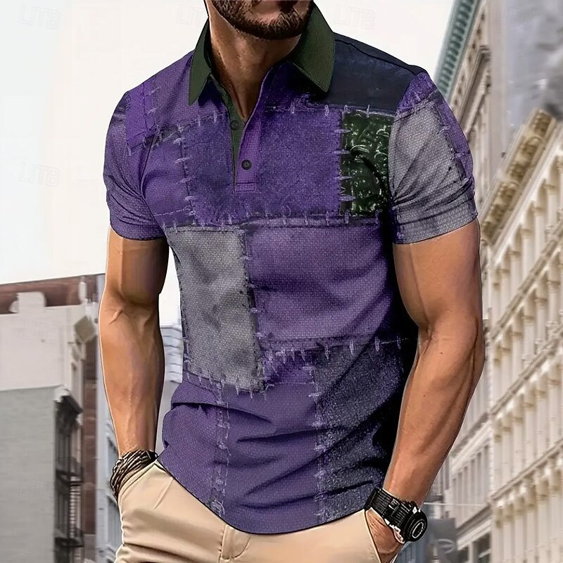 Men's Patchwork Polo Short Sleeve Polo Shirts Collared Shirts Casual Athleisure Buttons Summer Blue Purple2