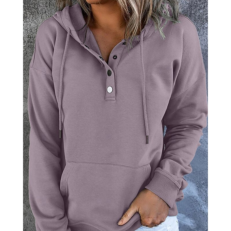 Women's Pullover Hoodie Sweatshirt Plain Casual Long Sleeve Hooded Regular Tops Holiday Going out Pocket Buttons Black Purple Gray Fall Winter - Main Image