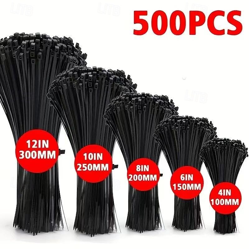 500pcs Reusable Black Self-Locking Nylon Cable Ties, Assorted Sizes 100/150/200/250/300mm, Heavy Duty Zip Ties for Indoor Outdoor Use, Home Office Garden Workshop Cable Management