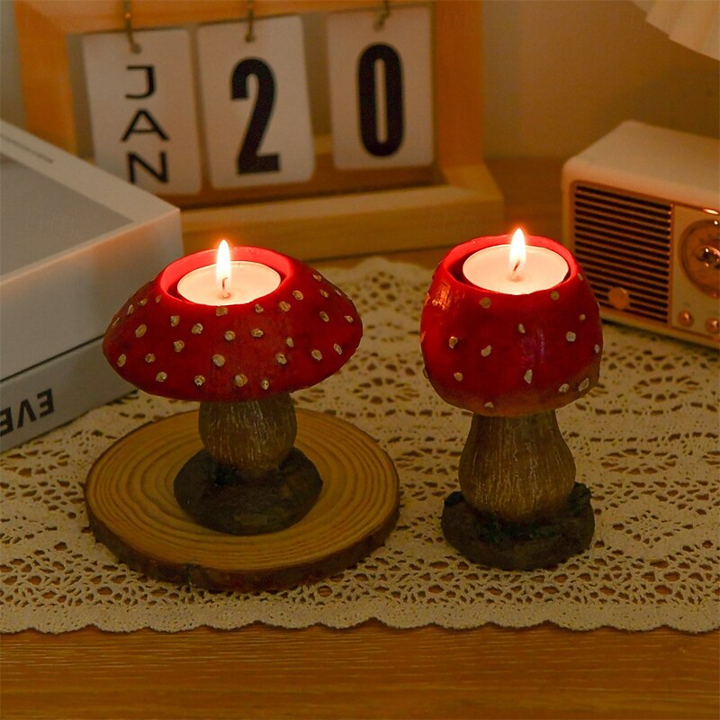 2pcs/set Candle Holders Realistic Mushroom Design Red Toadstool Candle Stand Creative Home Decor Resin Ornament Decorative Tabletop Art Craft Display Piece