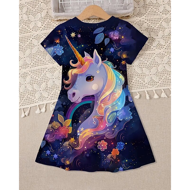 Girls' 3D Unicorn Dress Short Sleeve Summer Spring Vacation Daily Holiday Princess Beautiful Sweet Kids 4-12 Years Casual Dress A Line Dress Knee-length Regular Fit3