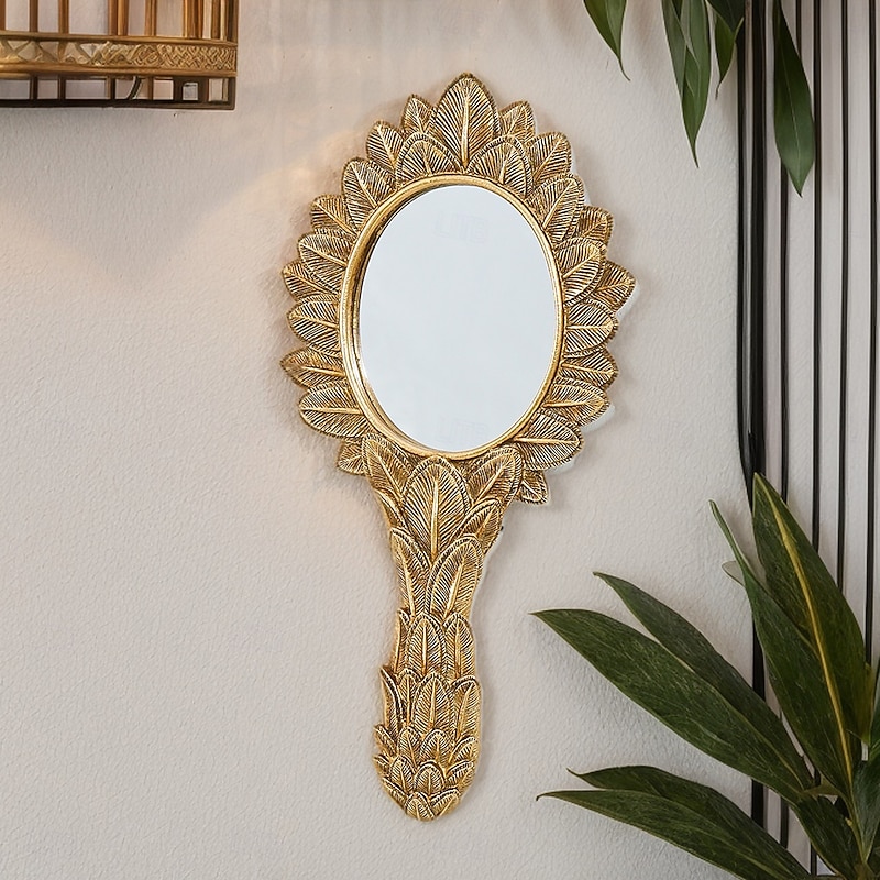 European Classical Style Resin Oval Wall Mirror, Gold Leaf Design Hanging Mirror for Home Wall Decor, Vanity Accent, or Photography Prop, Palace-Inspired Vintage Decoration
