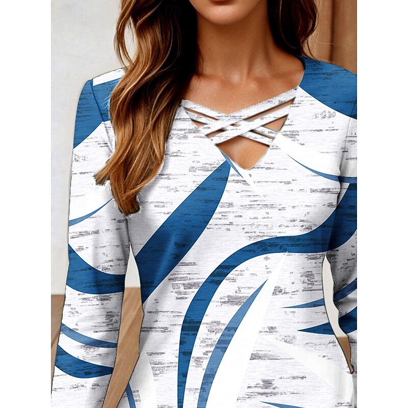 Women's T Shirt Graphic Geometric Abstract Vintage Stylish Classic Long Sleeve V Neck Regular Tops Daily Cut Out Print Blue Spring Fall2