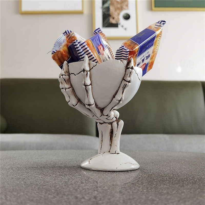 Halloween Statue Skull Hand Bone Tray Organizer Candy Dish Tabletop Storage Creative Home Decor Spooky Gothic Ornament for Halloween Party Unique Desktop Accent