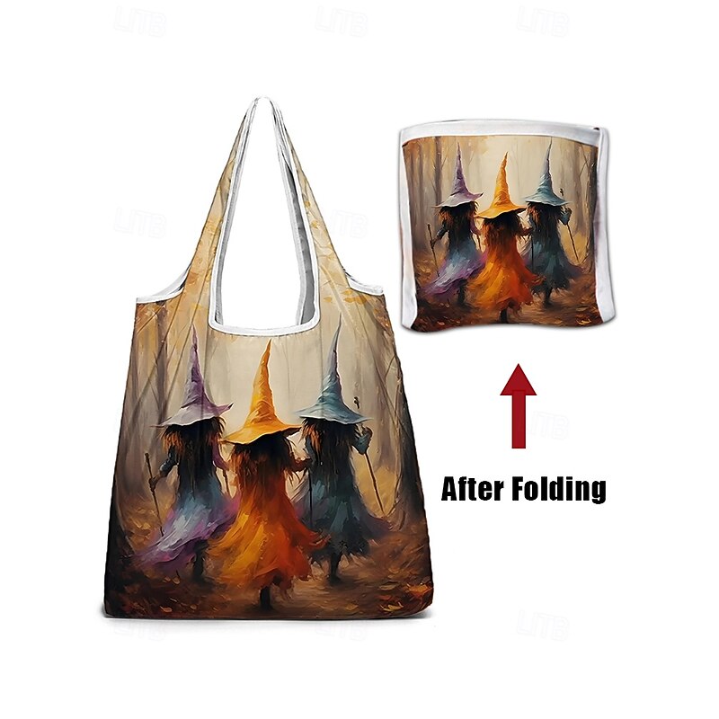 Women's Halloween Foldable Reusable Shopping Tote Bag with Witch Print – Eco-Friendly, Lightweight, for Holiday, Grocery & Daily Use3