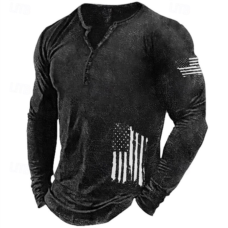 Men's Graphic Prints National Flag Henley Shirt Graphic Tee Long Sleeve Shirt Long Sleeve Hot Stamping Designer Basic Modern Contemporary Vacation Street Going out Spring &  Fall Black Red Navy Blue