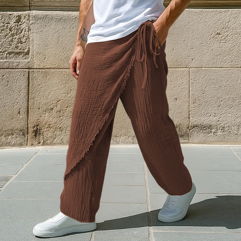 Men's Linen Pants Trousers Summer Pants Drawstring Elastic Waist Straight Leg Solid Color Plain Comfort Breathable Full Length Outdoor Casual Daily Vacation Fashion White Brown Inelastic4
