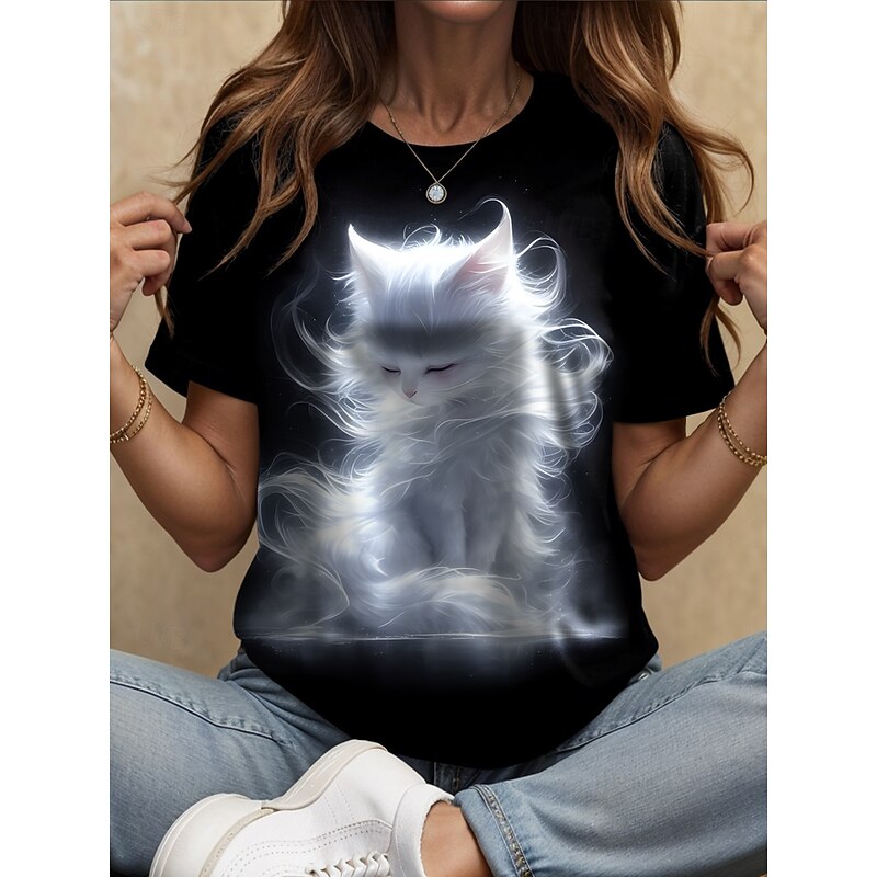 Women's T Shirt Graphic Animal Cat Vintage Stylish Classic Short Sleeve Crew Neck Round Neck Regular Tops Daily Weekend Print Black Red Blue Purple Green Summer Spring