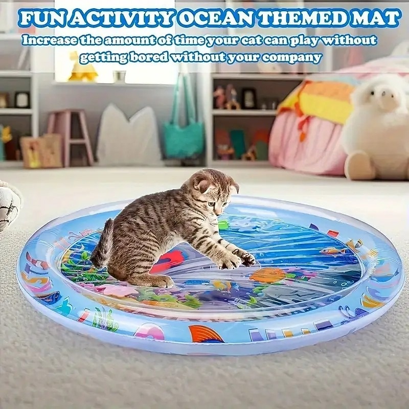 25.6inch Cooling Pet Mat, Ocean-Themed Pet Game Water Mat, Cooling Interactive Toy with Floating Fish Design, Cartoon Marine Patterns for Cats & Small to Large Dogs, Relax & Play, Durable Pet Mat2
