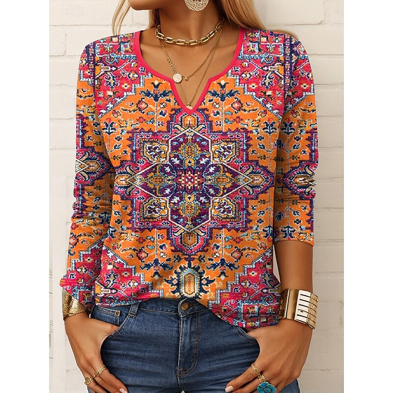 Women's T Shirt Graphic Geometric Vintage Stylish Casual Long Sleeve Notched Neck Regular Tops Daily Print Yellow Blue Purple Orange Summer Spring Fall