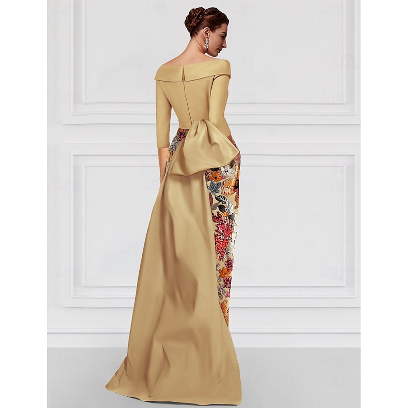 Gold Black A-Line Evening Gown Elegant Dress Formal Wedding Floor Length Half Sleeve Shirt Collar Satin with Slit Embroidery2